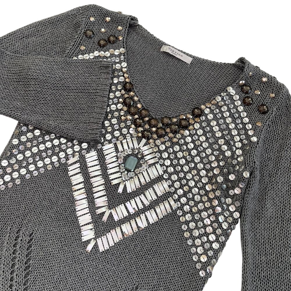 Vertigo Vintage Womens Gray Sequin Gem V Neck Knit Sweater, Vertigo Gemstone 374
